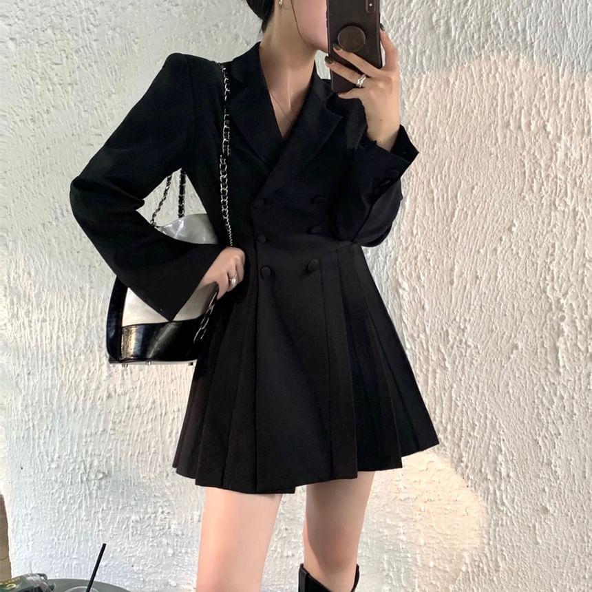 Notch Lapel Plain Pleated Double-Breasted Mini A-Line Blazer Dress Product Image