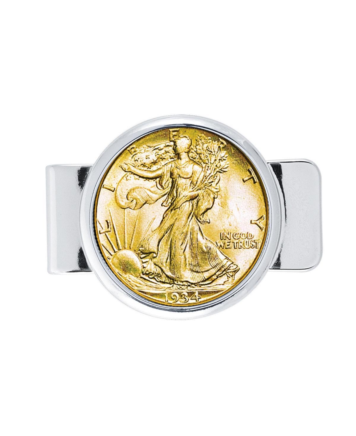 Mens American Coin Treasures Coin Money Clip Walking Liberty Half Dollar Layered In Pure Gold - Silver Product Image