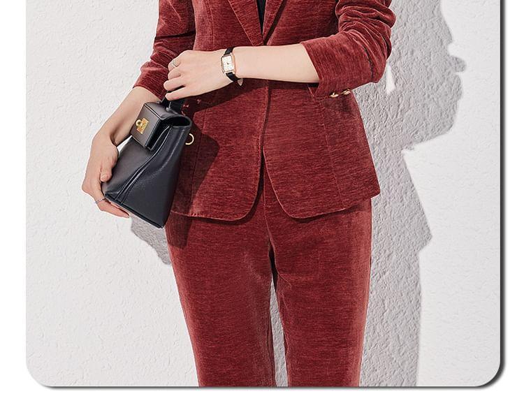 Notch Lapel Plain Velvet Single Breasted Blazer / High Rise Flared Slacks / Set Product Image