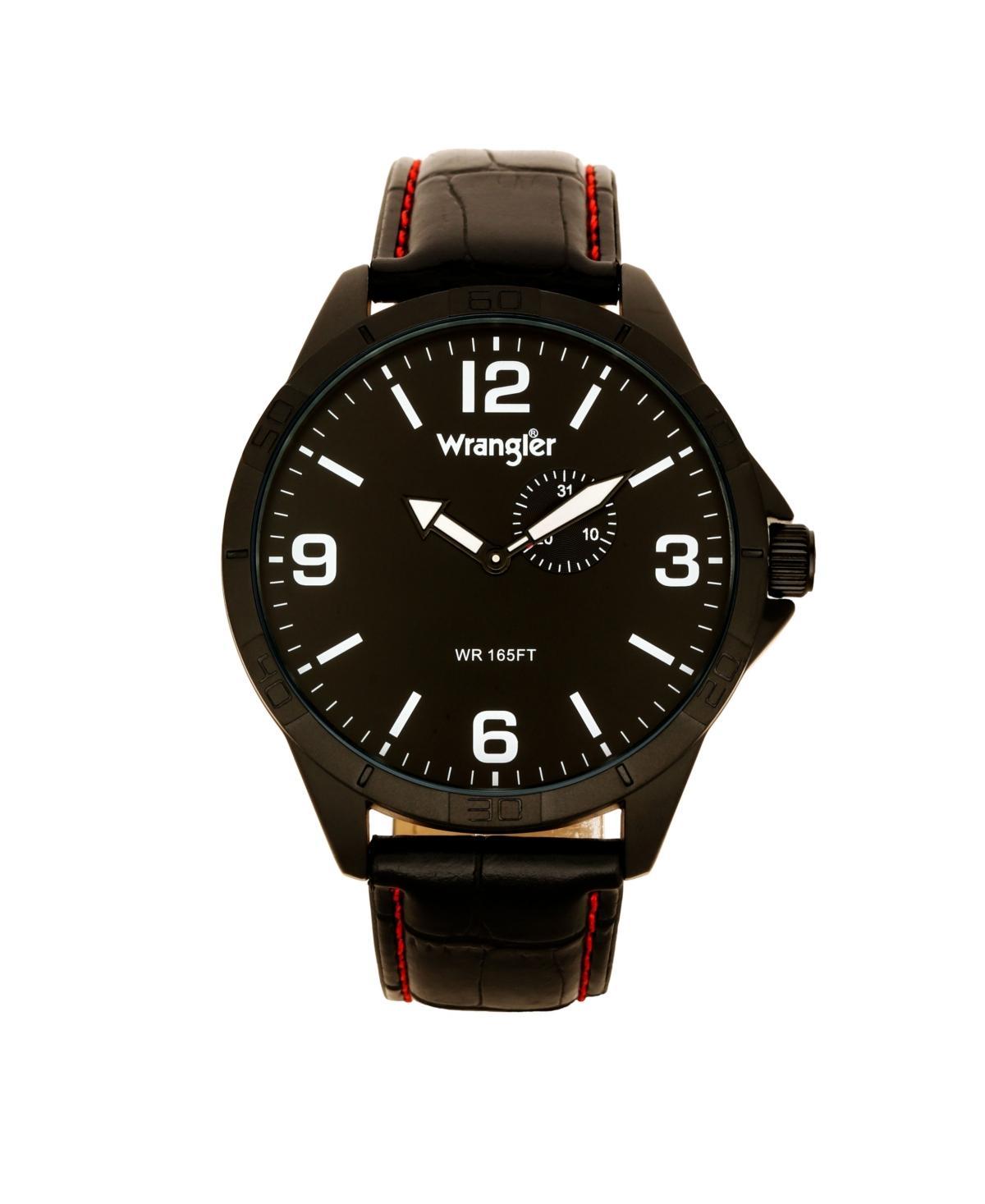 Wrangler Mens Watch, 48MM Ip Titanium Case with Titanium Dial, Second Hand Subdual Strap with Red Stitching - Black Product Image