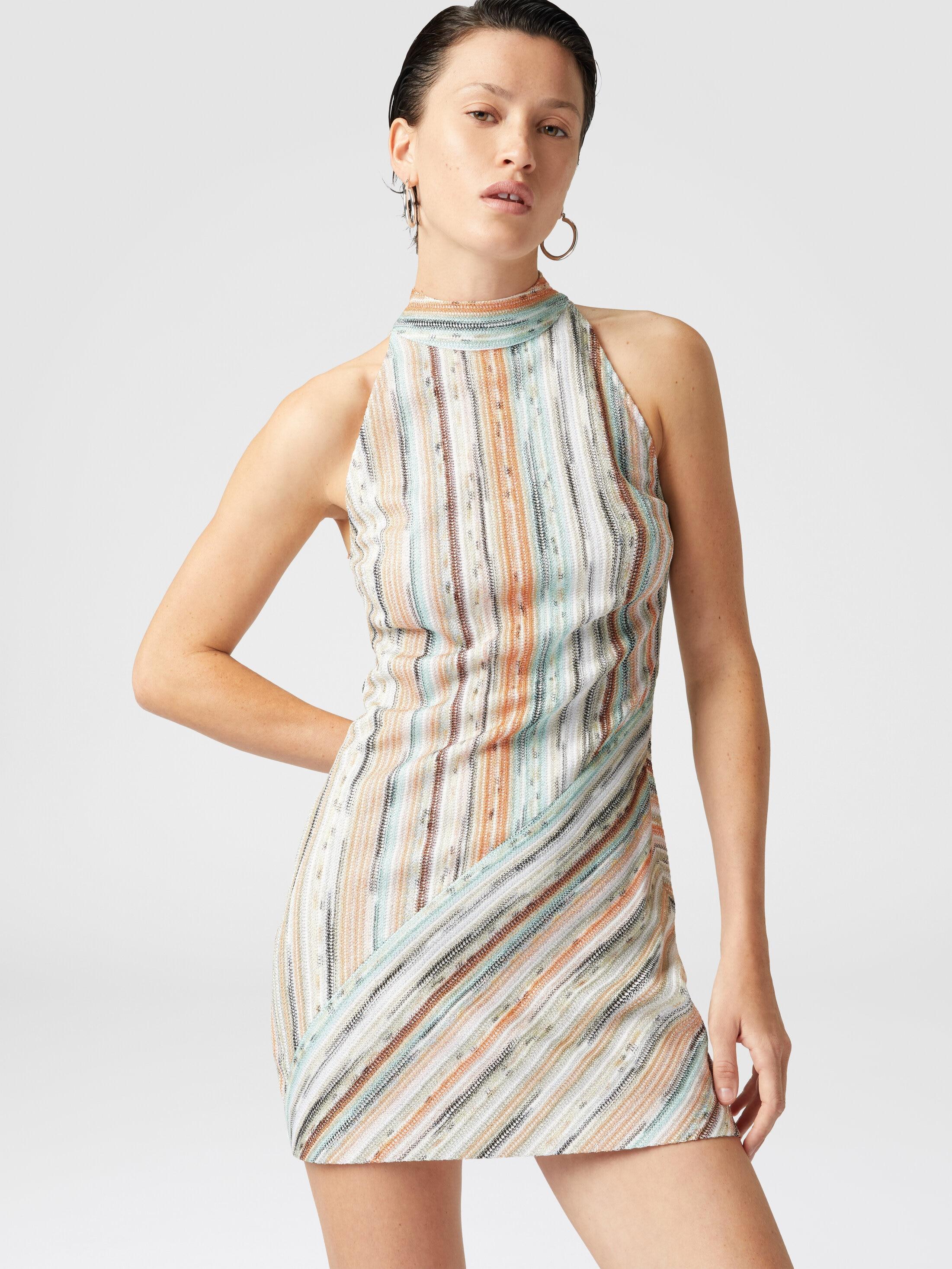 Sleeveless mini-dress in striped lamé slub viscose Product Image