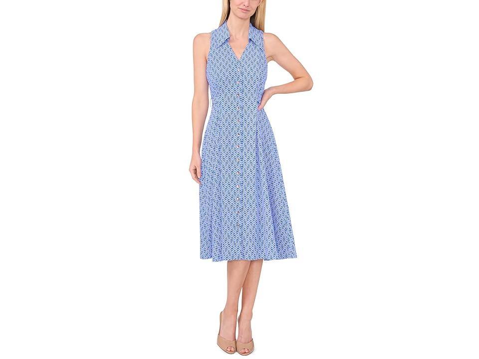 CeCe Printed Sleeveless Collared Belted Midi Dress (Tropic Night) Women's Dress Product Image