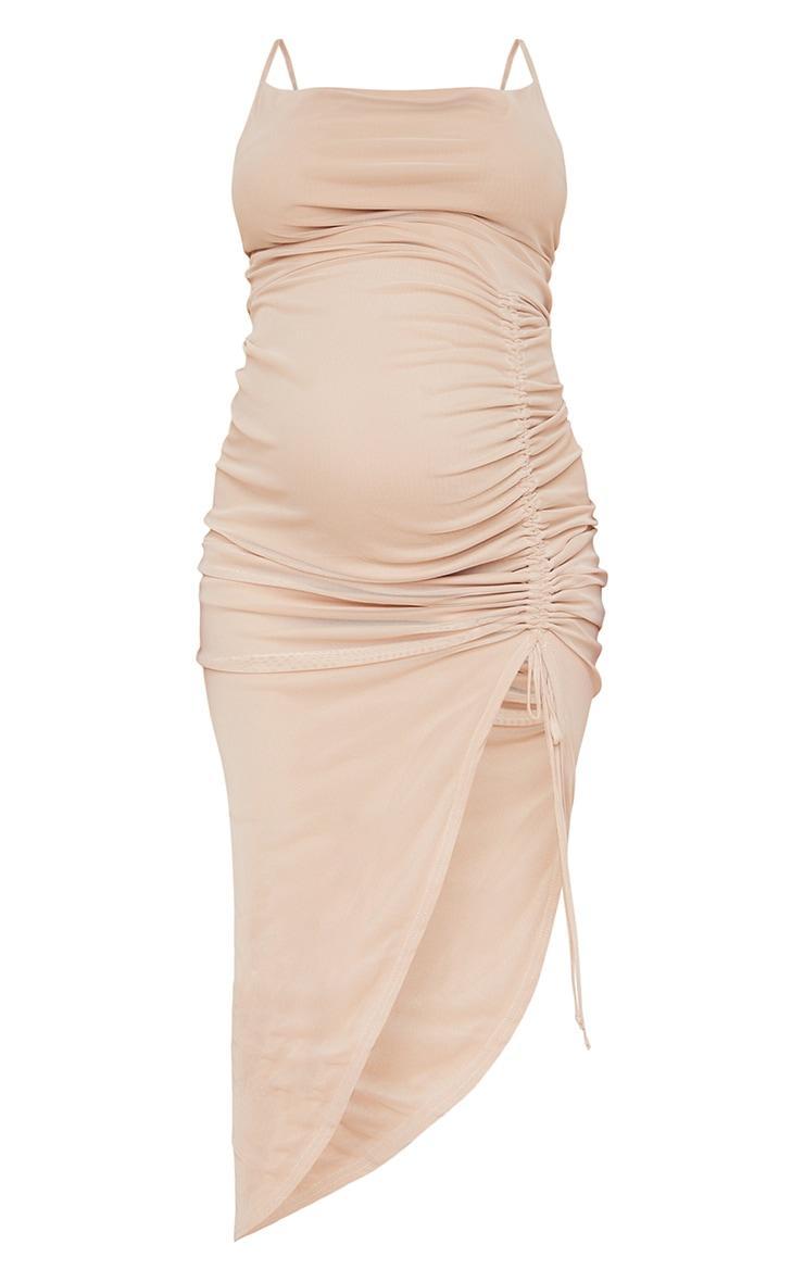 Maternity Nude Ruched Side Split Mesh Midi Dress Product Image