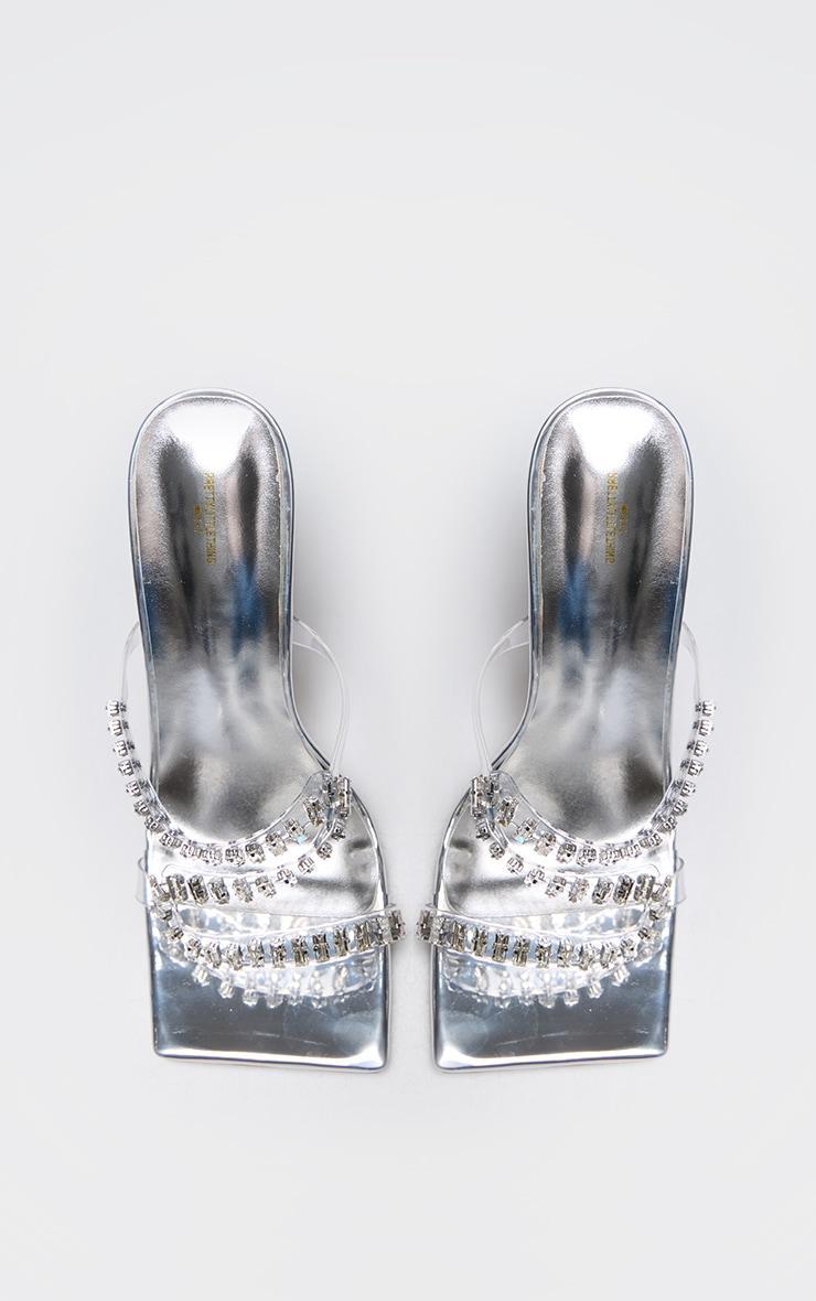 Silver PU Wide Fit Metallic Square Toe Diamante Strap Heeled Mules Product Image