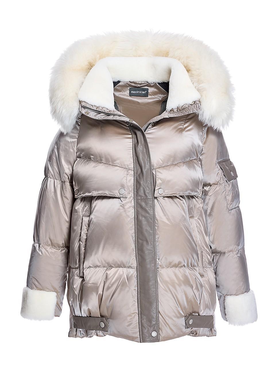 Womens Shearling-Trim Quilted Down Puffer Product Image