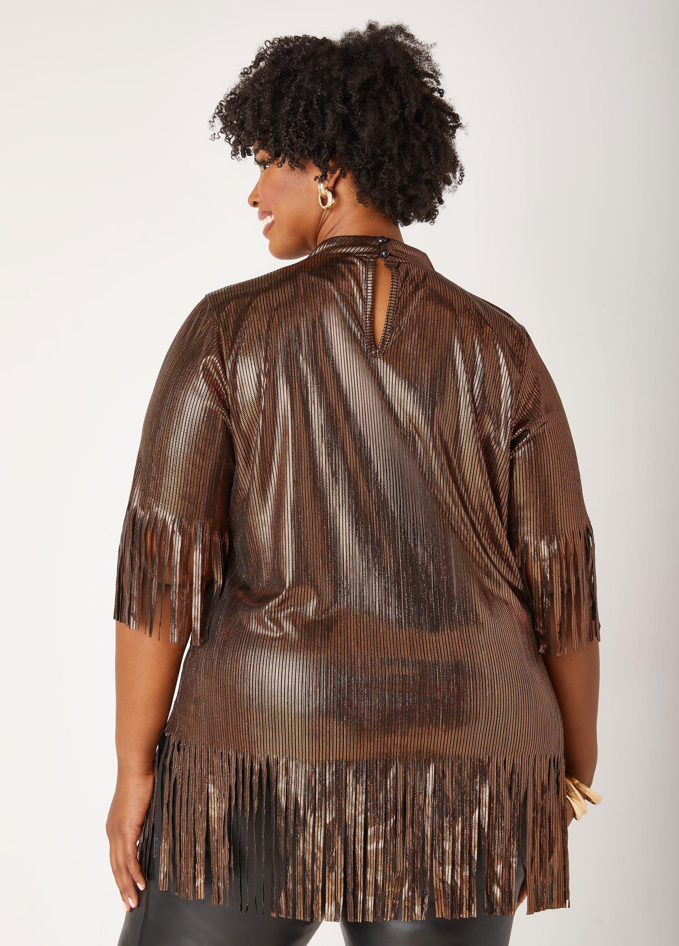 Plus Size Foiled Fringed Top Ashley Stewart Product Image