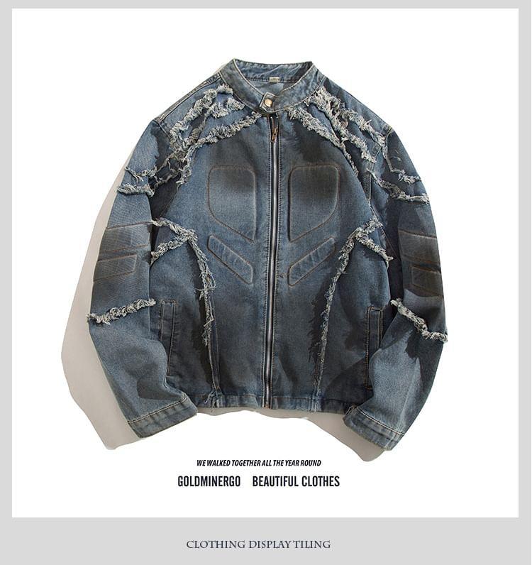 Stand Collar Fringed Washed Denim Zip Jacket Product Image