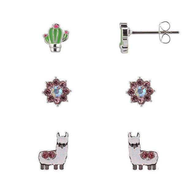 FAO Schwarz Silver Tone Crystal Cactus & Llama Trio Stud Earrings Set, Womens, Pink Product Image