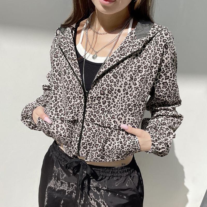 Leopard Print Hood Zip Jacket Product Image