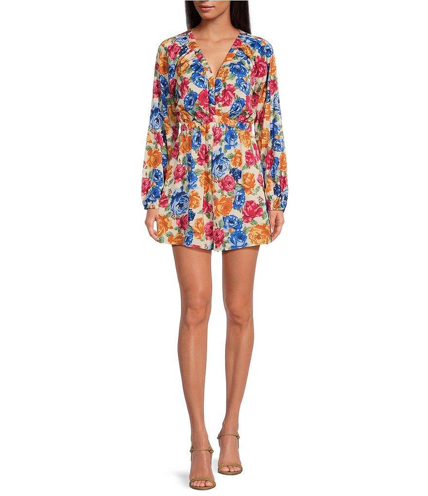 Skies Are Blue Floral Print V Neck Long Sleeve Romper Product Image