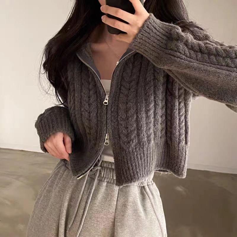 Stand Collar Cable Knit Cropped Zip Cardigan Product Image