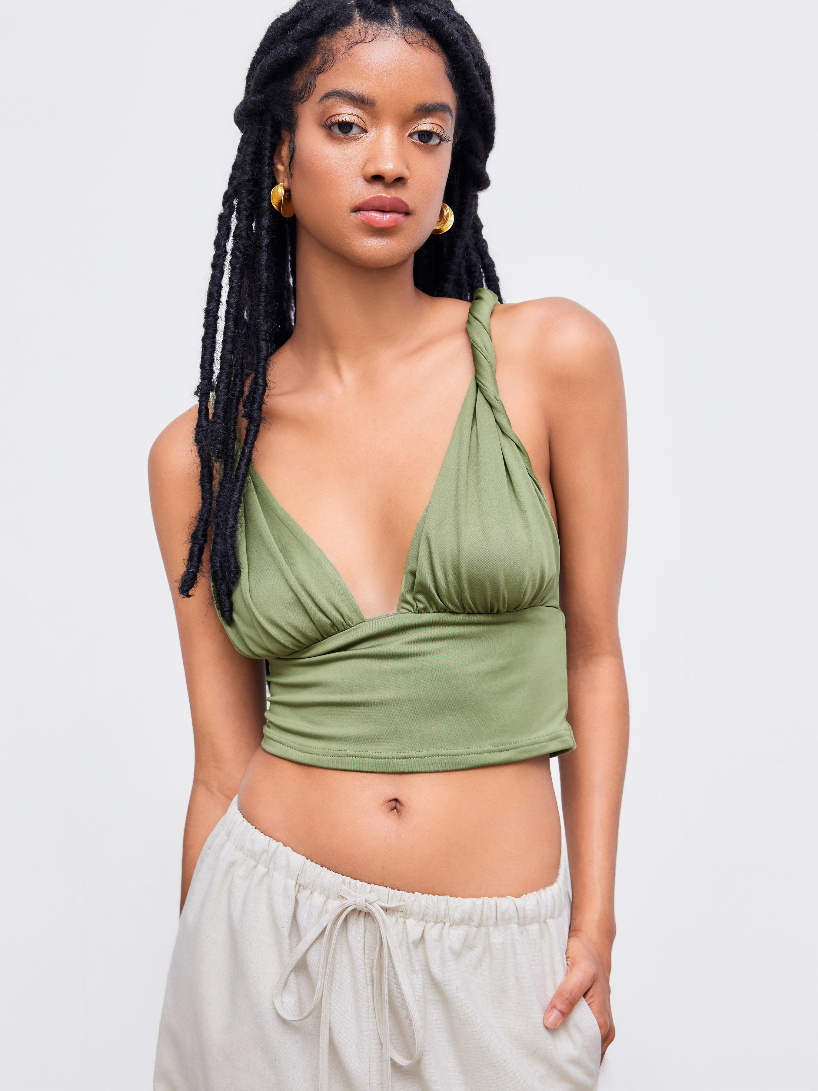 V-neck Solid Criss Cross Crop Top Product Image