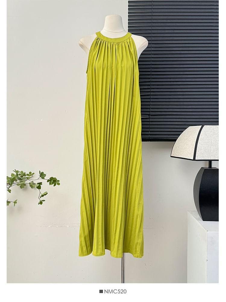 Sleeveless Pleated Halter Maxi Dress Product Image