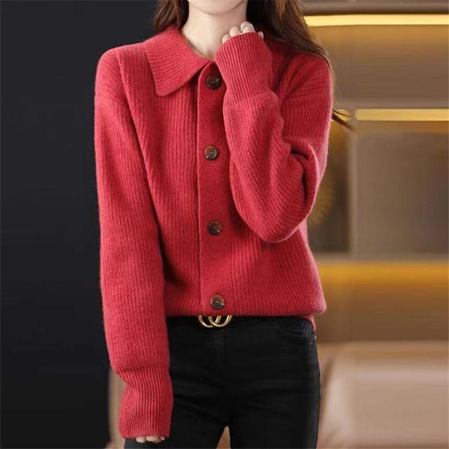 Lapel Collared Plain Button Up Cardigan Product Image