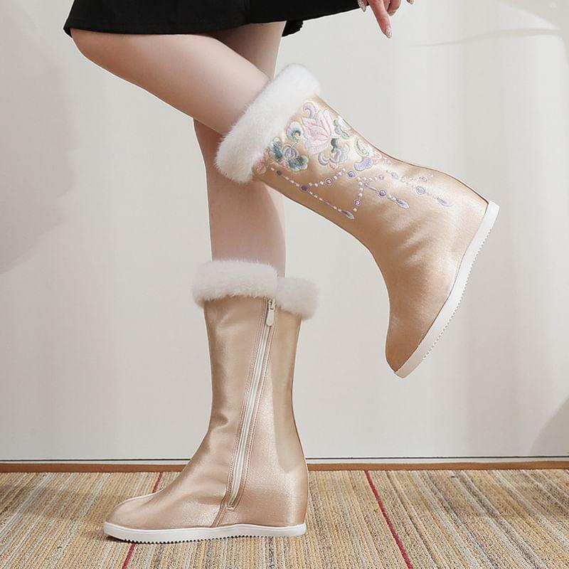 Floral Embroidered Fleece-Lined Hidden Wedge Heel Mid-Calf Boots Product Image