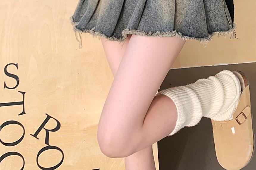 High Rise Washed Tassel Trim Pleated Mini A-Line Denim Skirt Product Image