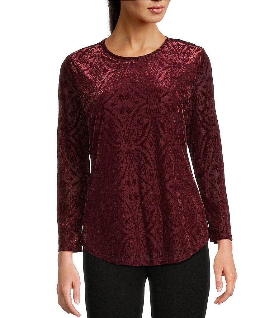 Calessa Burnout Velvet Printed Crew Neck Long Sleeve Tunic Product Image