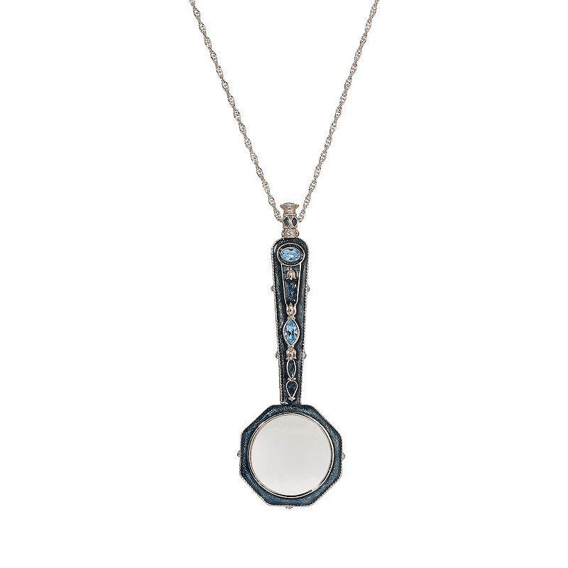 1928 Silver Tone Blue Enamel Magnifying Glass Necklace, Womens Product Image