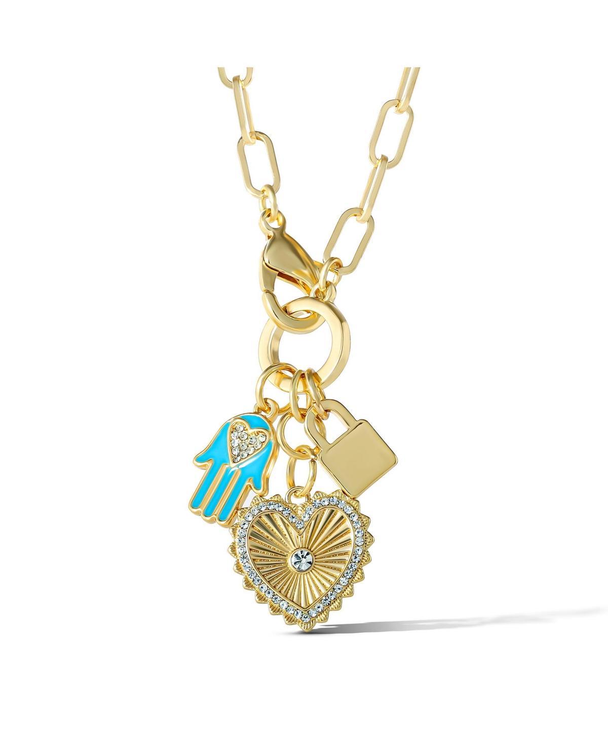 Jessica Simpson Womens Triple Charm Necklace 17 - Gold-Tone Necklace with Lock Charm and Heart Charms Product Image