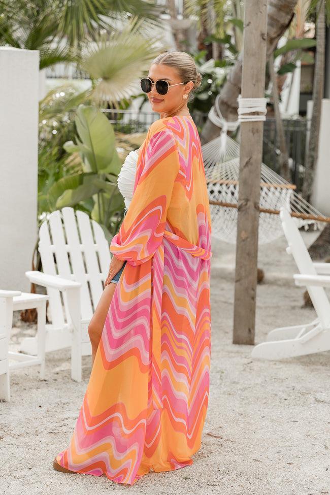 Eyes On Paradise in Serenity Swirl Pink and Orange Swirl Belted Kimono Cover Up Product Image