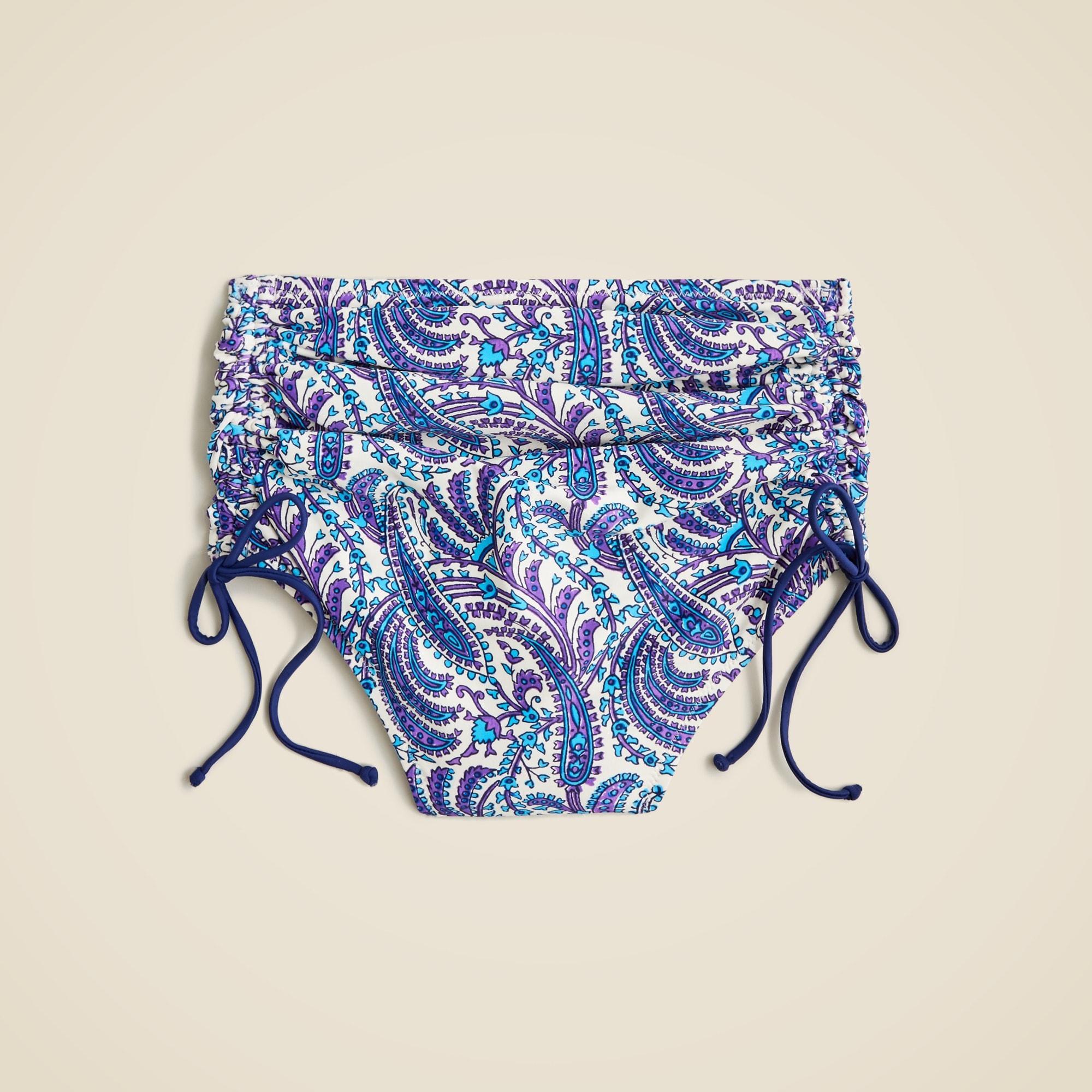 Ruched high-rise bikini bottom with adjustable side ties in purple paisley Product Image