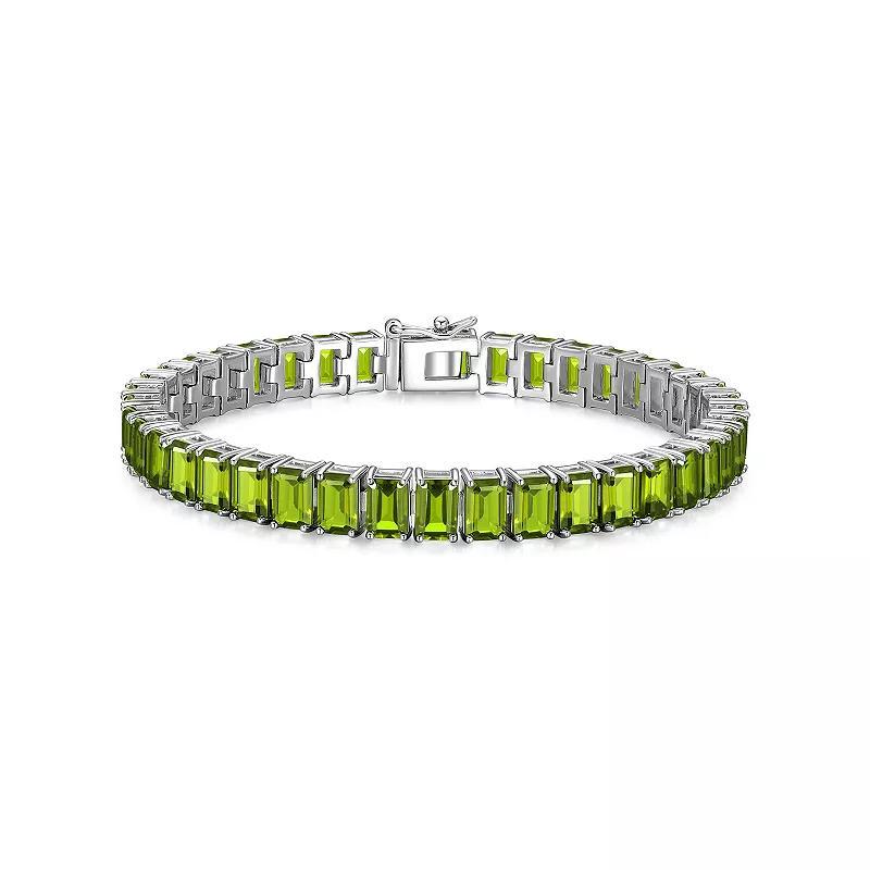 Sterling Silver Birthstone Emerald Cut Stone Tennis Bracelet, Womens Genuine Peridot August Product Image