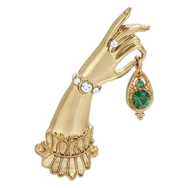 1928 Gold Tone Simulated Crystal Ladys Hand Pin, Womens, Green Product Image