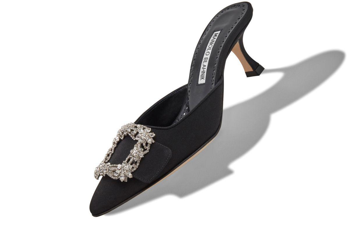 MAYSALE JEWEL Black Crepe De Chine Crystal Buckle Mules Product Image