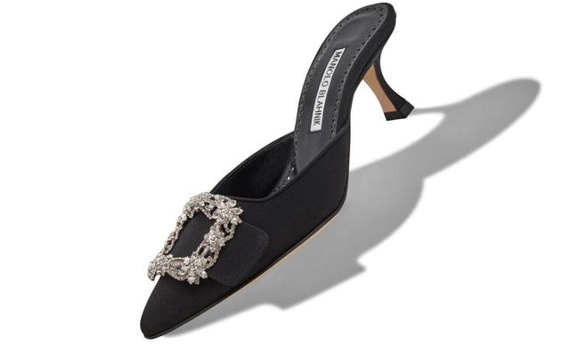 MAYSALE JEWEL Black Crepe De Chine Crystal Buckle Mules Product Image