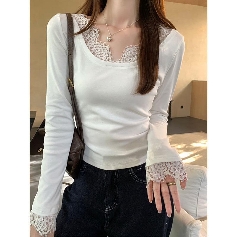 Long-Sleeve Scoop Neck Plain Lace Trim Tee Product Image