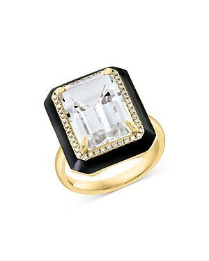 Bloomingdale's White Topaz & Diamond Black Enamel Halo Ring in 14K Yellow Gold - 100% Exclusive - 7 - 7 - Female Product Image