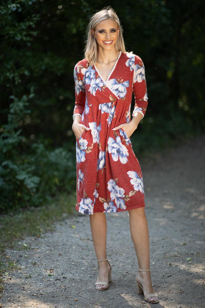 Cranberry and Blue Floral Surplice Front Dress Product Image