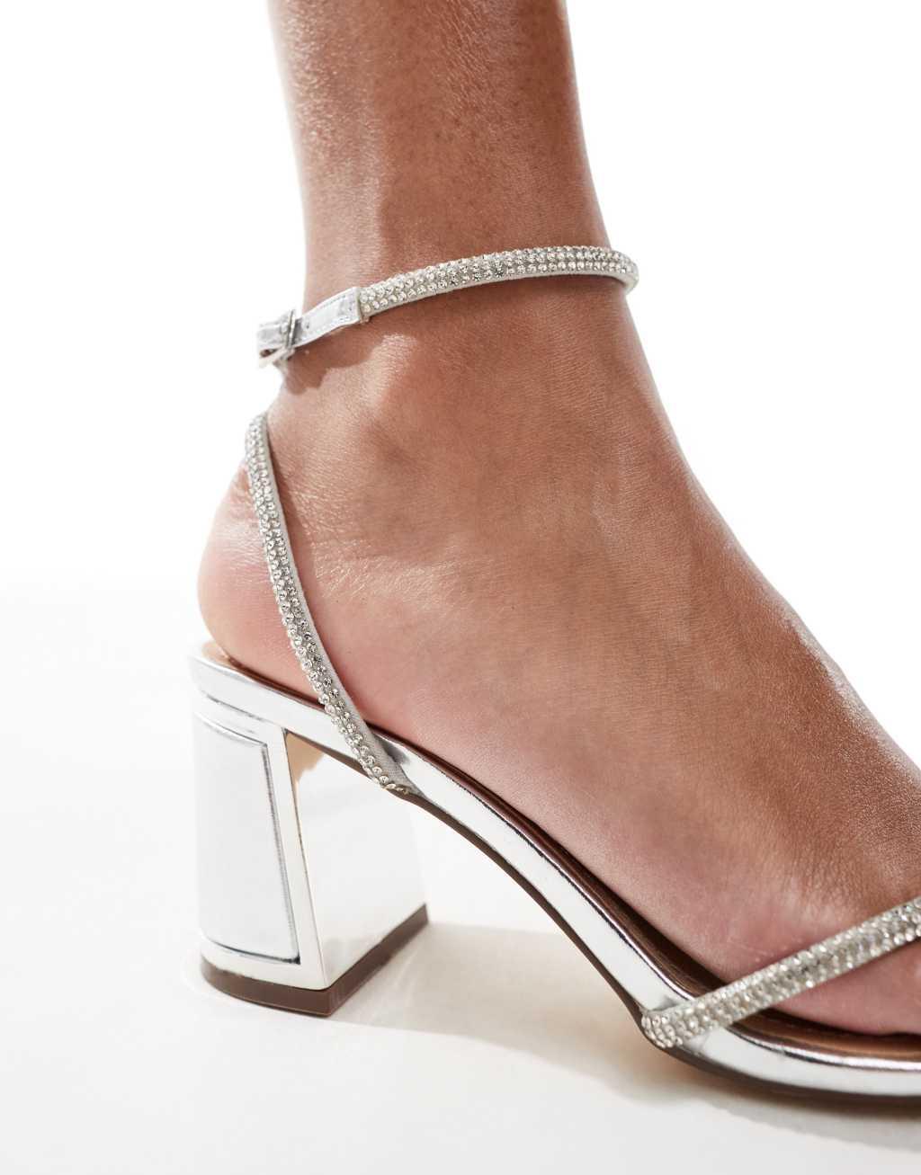 SEQWL Wide Fit mid block heel sandals with embellished straps in silver Product Image