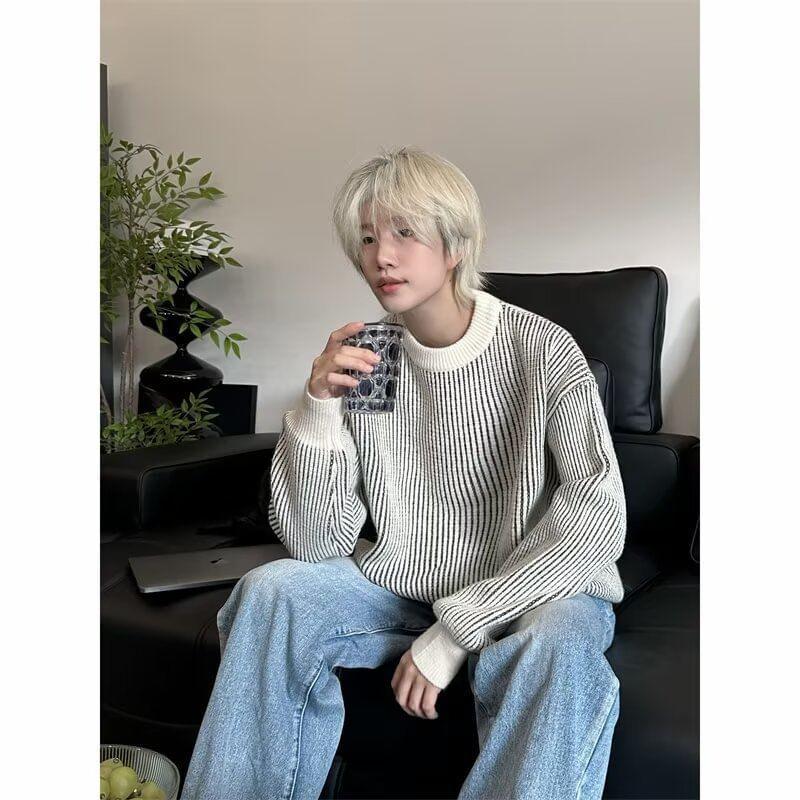 Crew Neck Drop Shoulder Striped Oversized Sweater Product Image