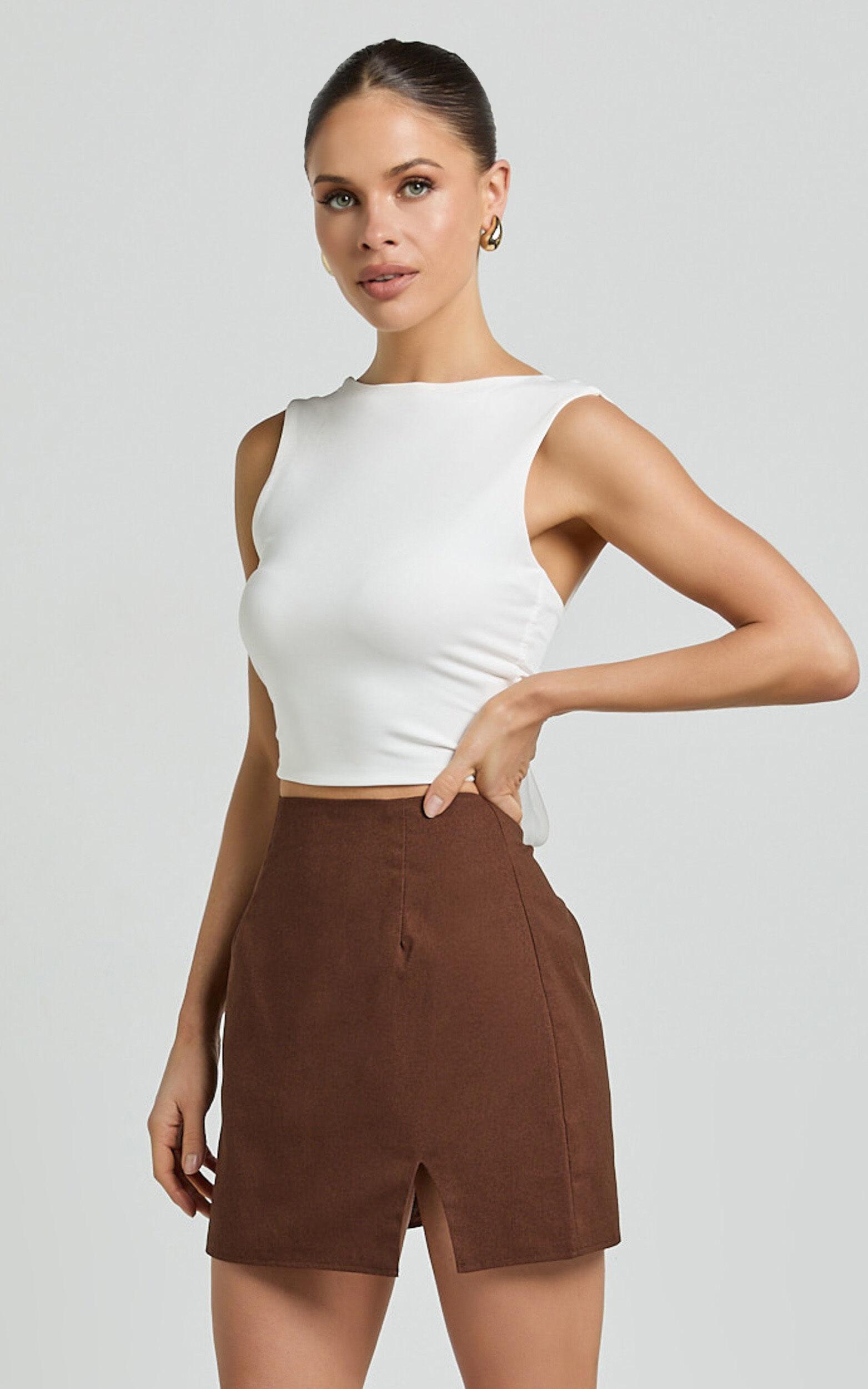 Mindy Mini Skirt - Linen Look A Line Side Split Skirt in Brown Product Image