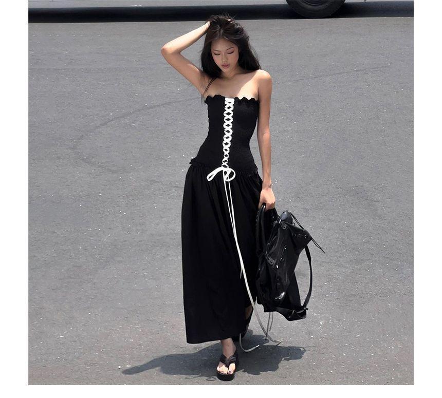 Strapless Plain Lace-Up Maxi A-Line Dress Product Image