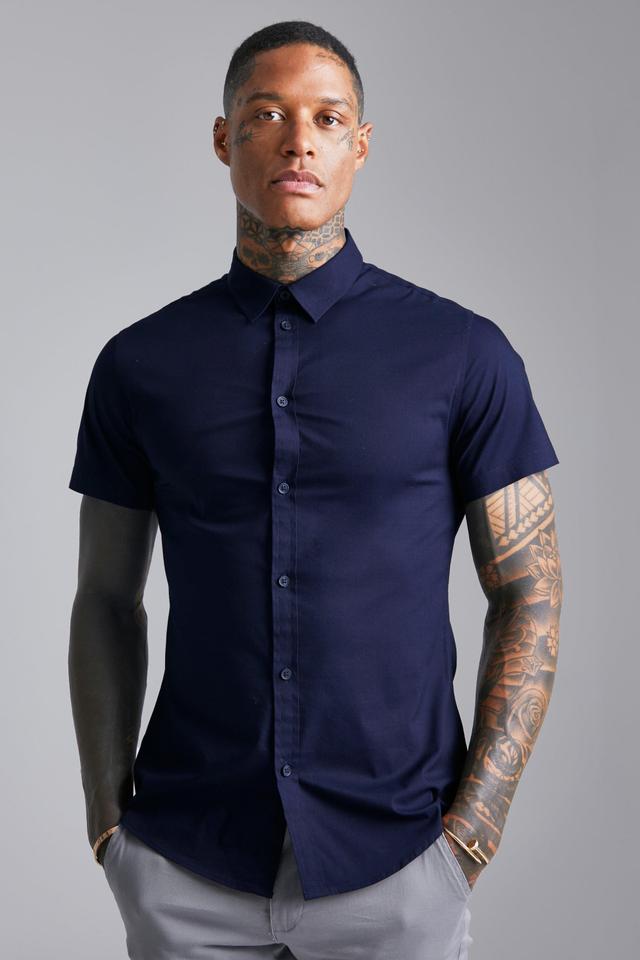 Short Sleeve Stretch Fit Shirt | boohooMAN USA Product Image