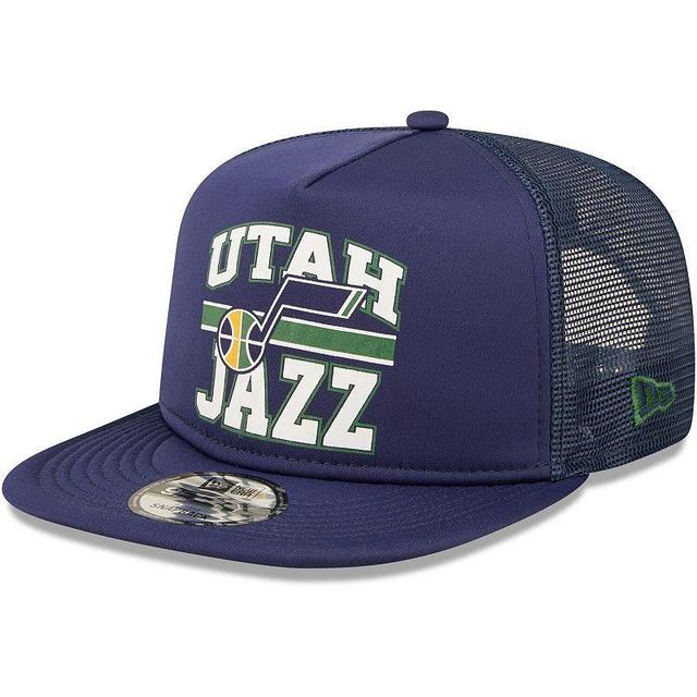 Mens New Era Navy Utah Jazz Logo A-Frame 9FIFTY Trucker Snapback Hat, Jaz Blue Product Image