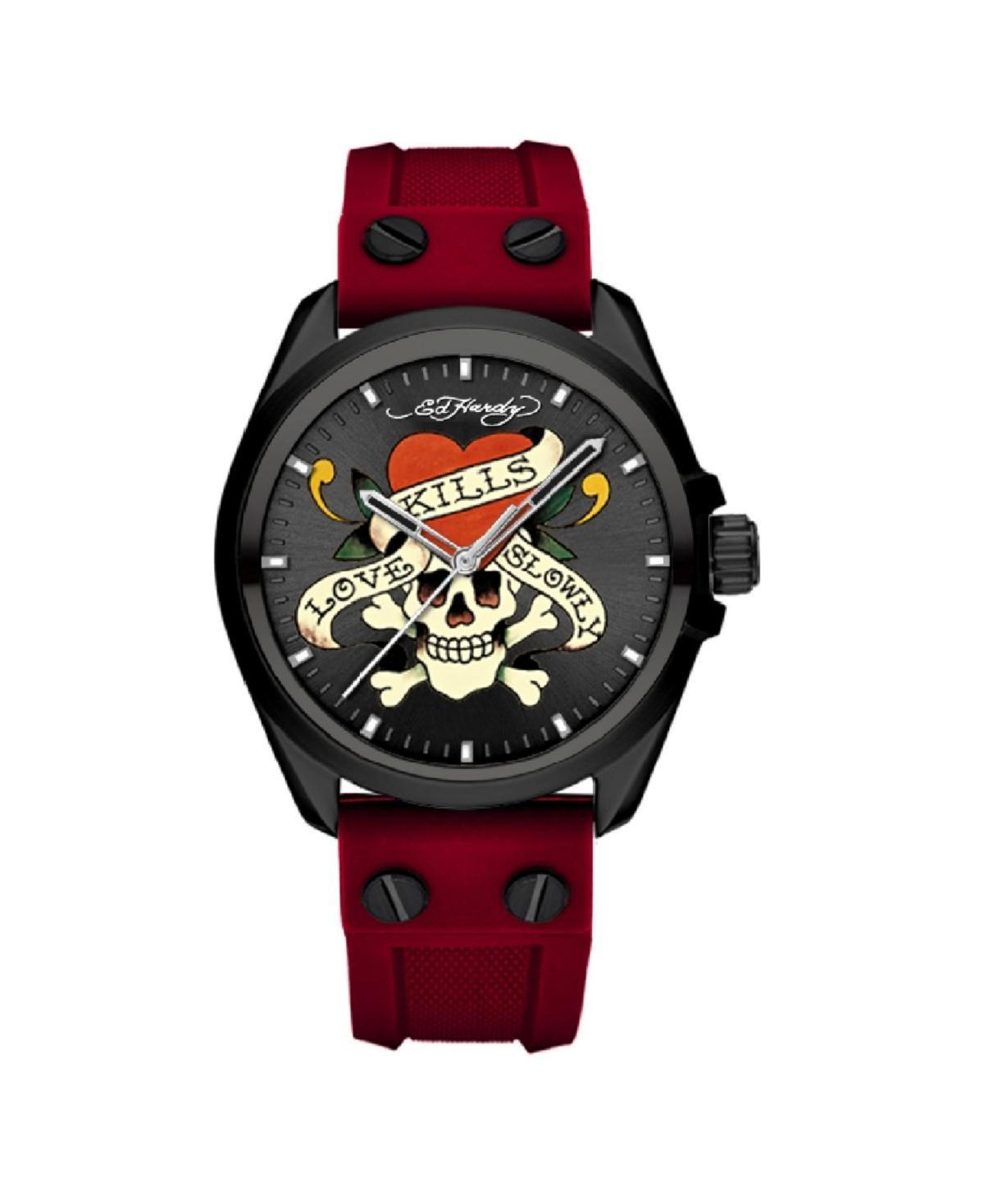 Ed Hardy Mens Matte Red Silicone Strap Watch 46mm - Black Sunray, Matte Red Product Image