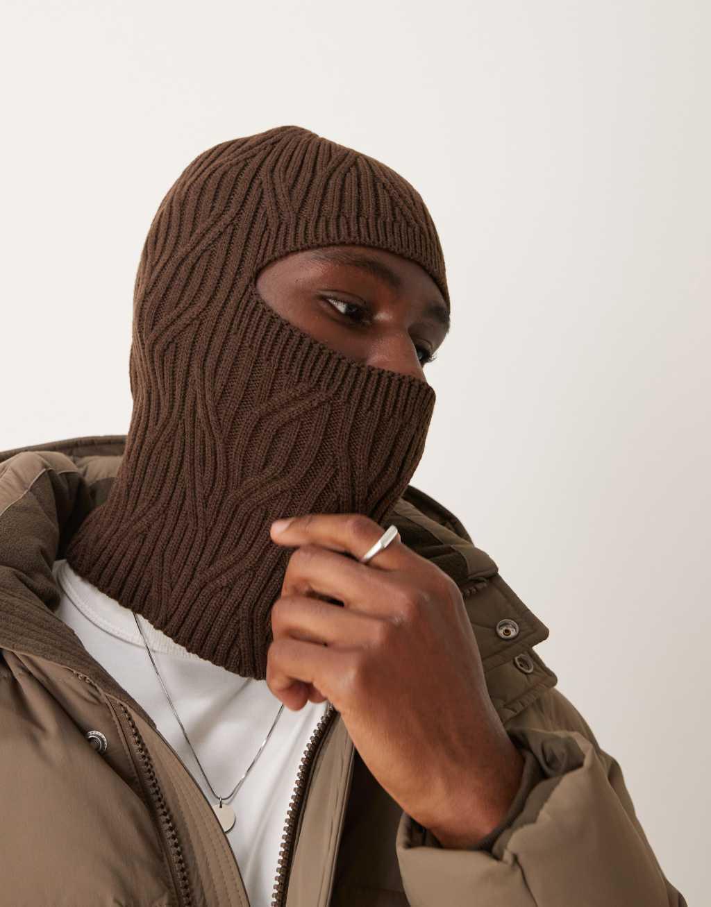 ASOS DESIGN cable knit balaclava in brown Product Image