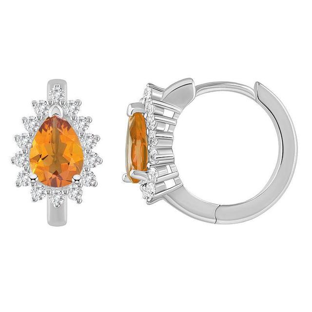 Celebration Gems Sterling Silver Pear Shape Gemstone & White Topaz Halo Huggie Hoop Earrings, Womens, Orange Product Image