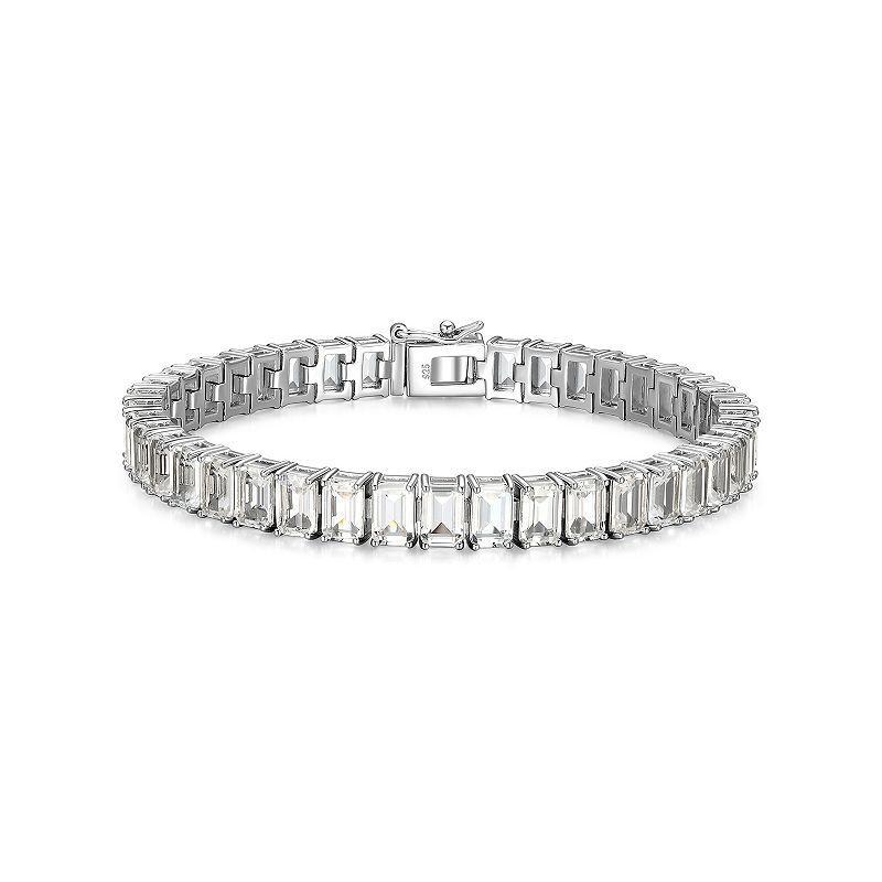 Sterling Silver Birthstone Emerald Cut Stone Tennis Bracelet, Womens Genuine Wh Topaz April Product Image