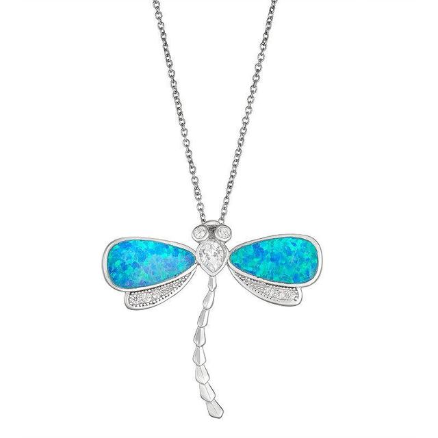 Sterling Silver Lab-Created Blue Opal & Cubic Zirconia Dragonfly Pendant Necklace, Womens Product Image