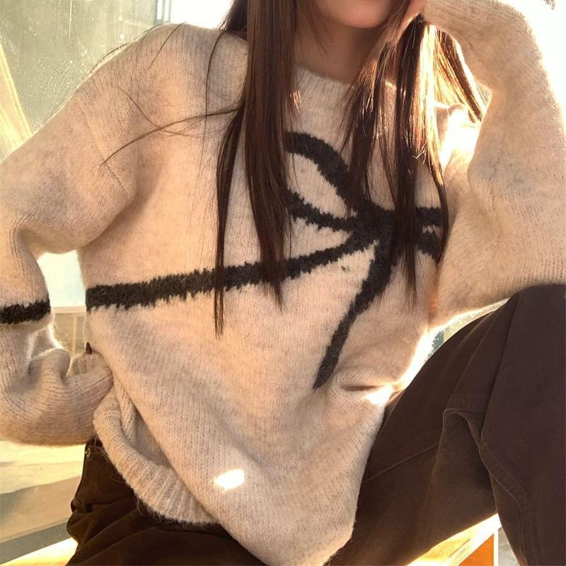 Crew Neck Bow Print Sweater Product Image