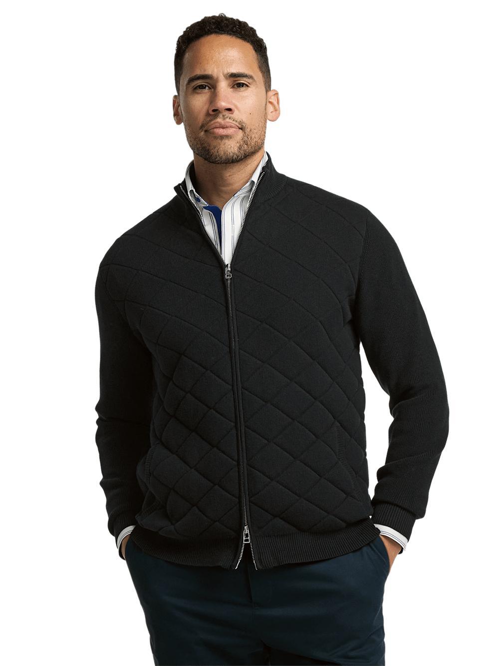 Cotton Full Zip Mock Neck Sweater - Black Product Image