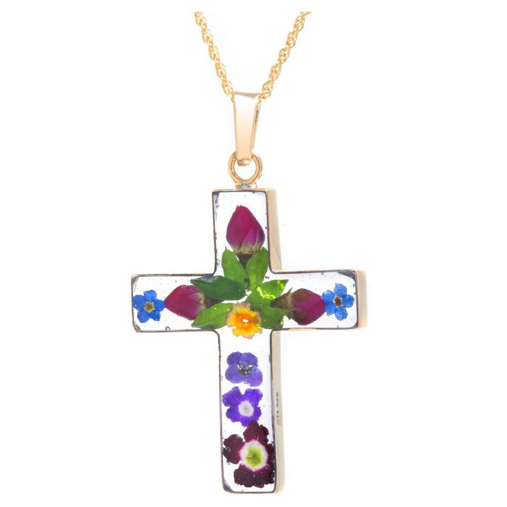 Womens over Sterling Silver Pressed Flowers Cross Pendant Chain Necklace (18) Product Image