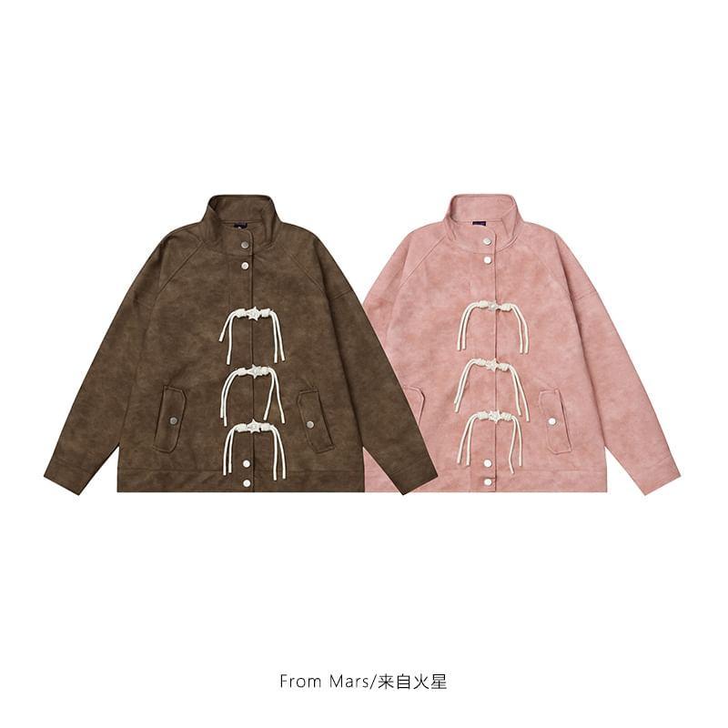 Stand Collar Knot Button Faux Suede Jacket Product Image