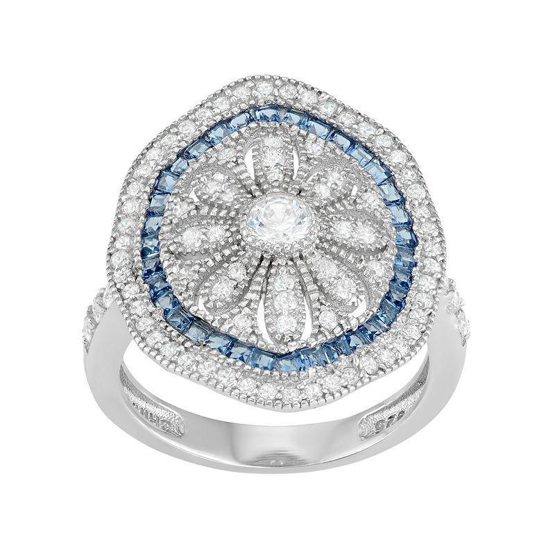 Sterling Silver Blue Glass & Cubic Zirconia Flower Ring, Womens Product Image