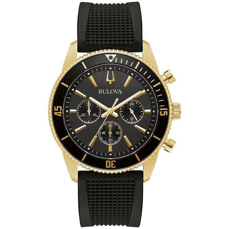 Bulova Mens Classic Gold Tone Stainless Steel Chronograph Silocone Watch - 98A250 Black Product Image