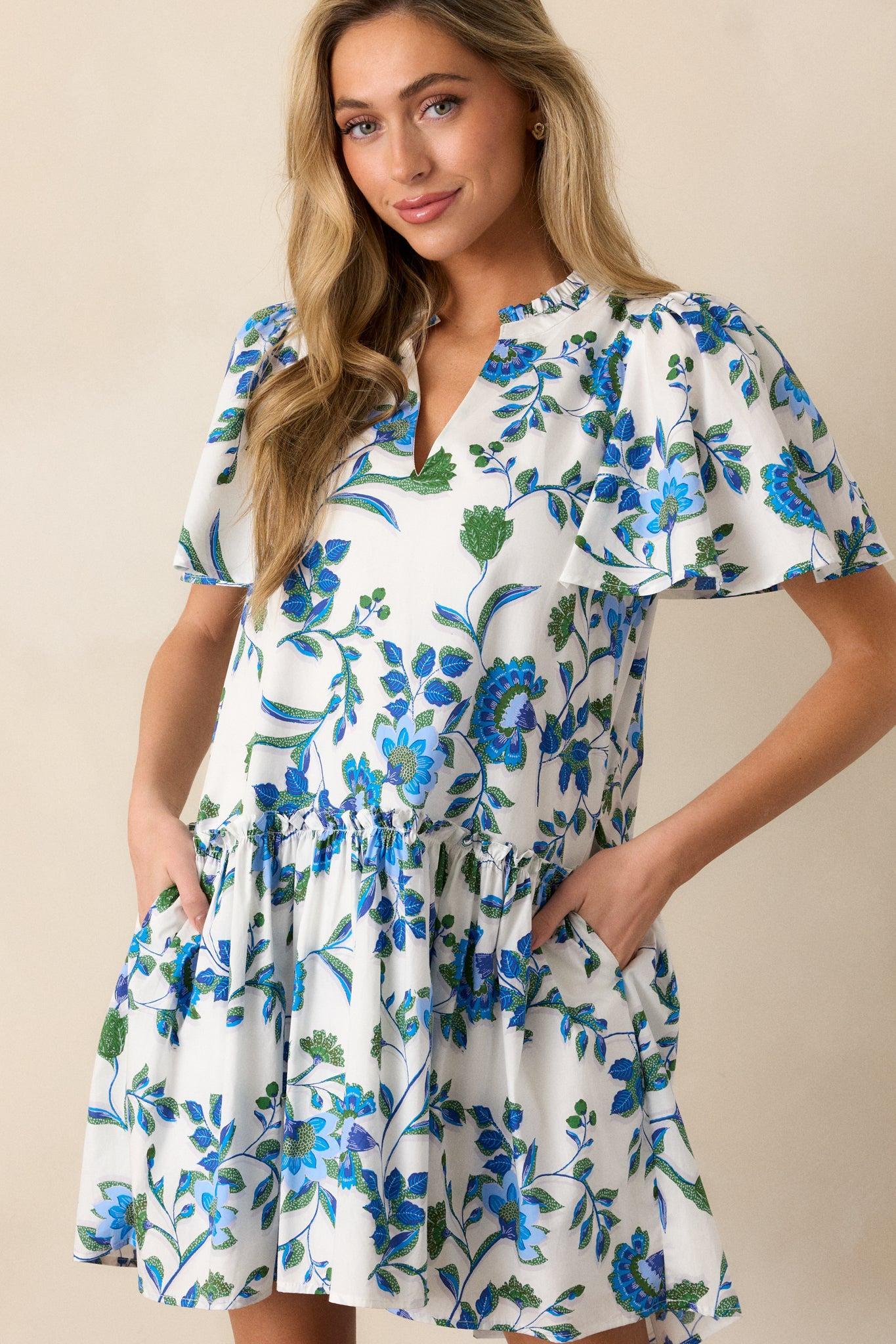 Crystal Waters 100% Cotton Blue Floral Mini Dress Product Image